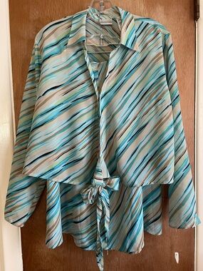 Women's A-Line Tie-Front Skirt in Aqua Stripe Sz XL Villager Petite A Liz Clair-